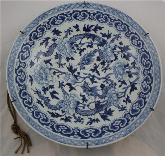 A Chinese blue and white dragon charger, 19th century, diam. 47cm